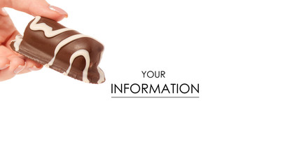 Cottage cheese curd in chocolate glaze in hand pattern on a white background isolation