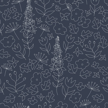 Doodle floral background. Seamless pattern with flowers and leaves. Vintage ornament.