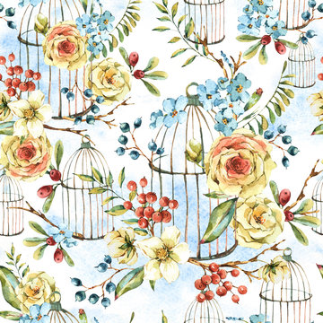Cute watercolor natural floral seamless pattern with white rose, wildflowers, berries, leaves and cage,