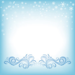 Fototapeta na wymiar Winter background with snowflakes and swirls. Template for Christmas card, invitation, advertisement.