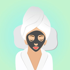 Beautiful woman on spa treatments with black mask on face. An image of a cute person taking care of her skin.  Vector illustration 