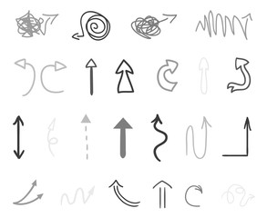 Hand drawn infographic elements on white. Abstract arrows. Line art. Set of different signs. Black and white illustration. Doodles for your business