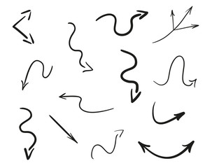 Hand drawn infographic elements on white. Abstract arrows. Line art. Set of different signs. Black and white illustration. Doodles for artwork