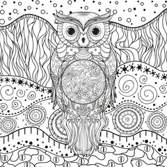 Abstract eastern pattern with owl on isolated white. Hand drawn abstract patterns on isolation background. Design for spiritual relaxation for adults. Black and white illustration