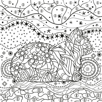 Abstract eastern pattern with cat on isolated white. Zentangle. Hand drawn abstract patterns on isolation background. Design for spiritual relaxation for adults. Black and white illustration
