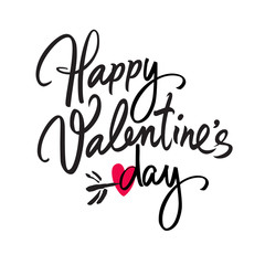 Happy Valentines Day handwritten lettering. Black calligraphic text with red heart pierced by arrow isolated on white background. Valentines Day holidays typography. Vector.