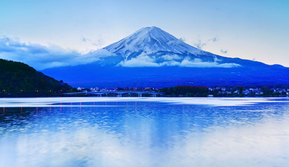 View of the Mount Fuji from Lake Kawaguchi in the morning in Japan.