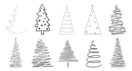 Christmas trees on white. Set for icons on isolated background. Objects for polygraphy, posters, t-shirts and textiles. Black and white illustration