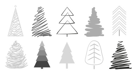 Obraz premium Christmas trees on white. Set for icons on isolated background. Geometric art. Objects for polygraphy, posters, t-shirts and textiles. Black and white illustration