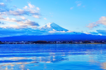 View of the Mount Fuji from Lake Kawaguchi in the morning in Japan.
