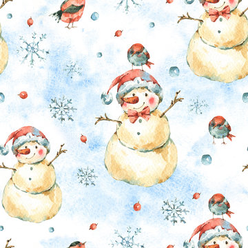 Winter Watercolor Christmas seamless pattern with cute sowman and birds.