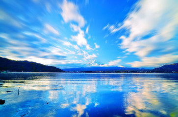 View of the Mount Fuji from Lake Kawaguchi in the morning in Japan.