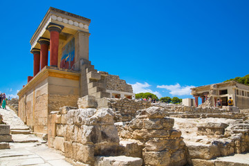 Greece, Crete, Heraklion - July 18, 2018: Knossos ruins, ceremonial and political centre of the tsar Minos. Archaeological site connected with legends of Daedalus, Minotaur, Ariadne and Icarus