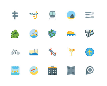 20 icons related to Pin, Brochure, Hotel, Umbrella, Sunset, Cutlery, Ship, Itinerary, Bike, Beach, Train signs. Vector illustration isolated on white background.