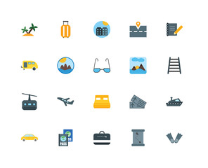 20 icons related to Flippers, Map, Suitcase, Passport, Car, Diary, Sunrise, Bed, Cableway, Mountain, Hotel signs. Vector illustration isolated on white background.