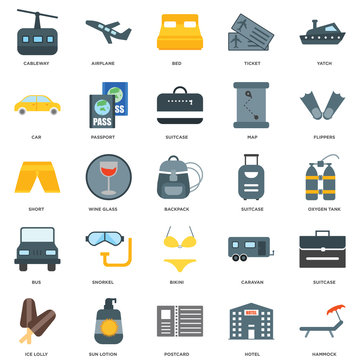 25 icons related to Hammock, Hotel, Postcard, Sun lotion, Ice lolly, Flippers, Suitcase, Bikini, Bus, Car, Bed, Airplane signs. Vector illustration isolated on white background.