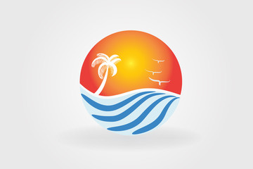 Sun,palm tree and wavy beach logo vector