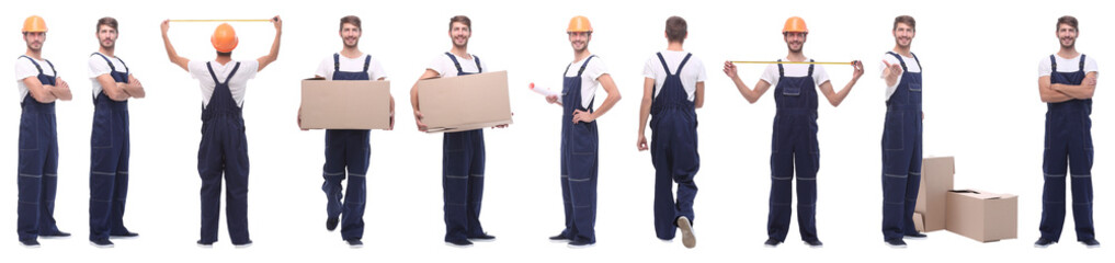 panoramic collage of skilled handyman isolated on white