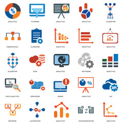 25 icons related to Analytics, Filtering, Network, Clipboard, Algorithm signs. Vector illustration isolated on white background.