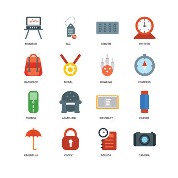 16 icons related to Camera, Agenda, Clock, Umbrella, Eraser, Monitor, Backpack, Switch, Bowling, undefined, undefined signs. Vector illustration isolated on white background.