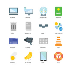 16 icons related to Help, Ipad, Telephone, Fried egg, Cone, Macbook, Trash, Browser, Film, undefined, undefined signs. Vector illustration isolated on white background.