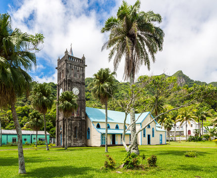 Sacred Heart Roman Catholic Church with a Clock tower. Colourful vibrant old colonial capital of Fiji: Levuka town, Ovalau island, Lomaiviti archipelago, Melanesia, Oceania, South Pacific Ocean