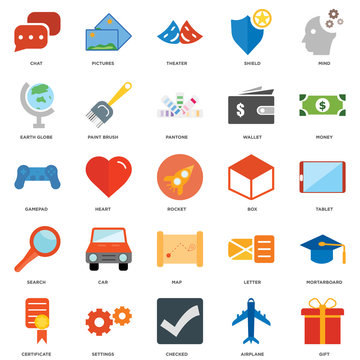 25 icons related to Gift, Airplane, Checked, Settings, Certificate, Money, Box, Map, Search, Earth globe, Theater, Pictures signs. Vector illustration isolated on white background.