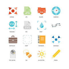 16 icons related to Pencil, Allocation, Tag, Text editor, Decrease, Expand, Tracking, Portfolio, Drop, undefined, undefined signs. Vector illustration isolated on white background.