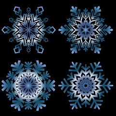 Snowflakes collection isolated on dark background. Flat line snow icons, snow flakes silhouette.