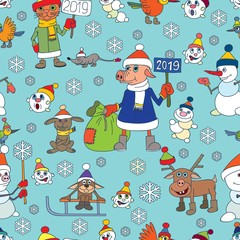 Christmas seamless vector. Snowmen. Little birds. Year of the pig.