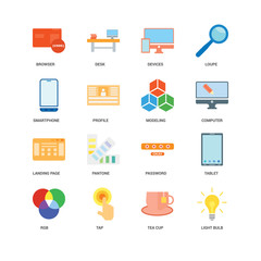 16 icons related to Light bulb, Tea cup, Tap, Rgb, Tablet, Browser, Smartphone, Landing page, Modeling, undefined, undefined signs. Vector illustration isolated on white background.