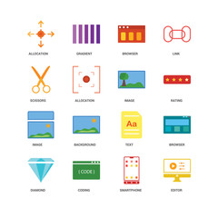 16 icons related to Editor, Smartphone, Coding, Diamond, Browser, Allocation, Scissors, Image, undefined, undefined signs. Vector illustration isolated on white background.