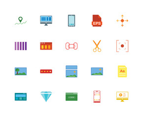 20 icons related to Editor, Smartphone, Coding, Diamond, Browser, Allocation, Scissors, Image, Smartphone signs. Vector illustration isolated on white background.
