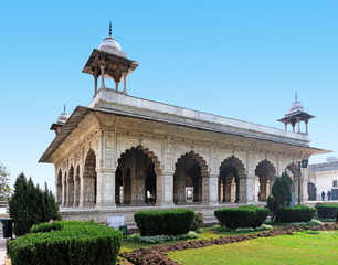Fototapeta na wymiar Hall of Private Audience (Diwan I Khas) in historic Red Fort is constructed of white marble, inlaid with precious stones in Delhi, India