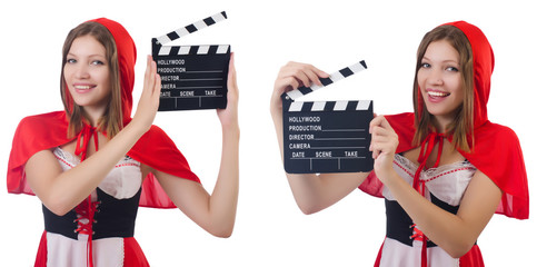 Young woman waiter with movie board isolated on white 