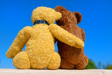 Two toy bears in love in front of blue sky