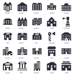 Obraz premium 25 icons related to House, Building, Bank, Lighthouse, Building signs. Vector illustration isolated on white background.