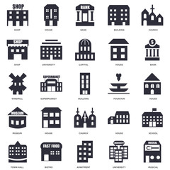 25 icons related to Musical, University, Apartment, Bistro, Town hall, Bank, Fountain, Church, Museum, Shop, House signs. Vector illustration isolated on white background.