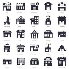 25 icons related to Book shop, Club, Airport, Library, Prison, Car wash, Burguer, Pet Pub, Lighthouse, Ambulance, Customs signs. Vector illustration isolated on white background.