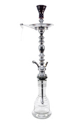 Modern transparent hookah isolated on white background. Hookah with rubber tube and flask isolated on white background. Eastern smokable water pipe smoking on white background