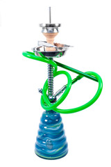 Modern transparent hookah isolated on white background. Hookah with rubber tube and flask isolated on white background. Eastern smokable water pipe smoking on white background