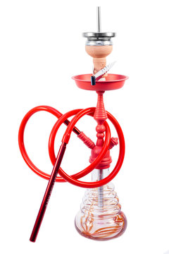 Modern transparent hookah isolated on white background. Hookah with rubber tube and flask isolated on white background. Eastern smokable water pipe smoking on white background