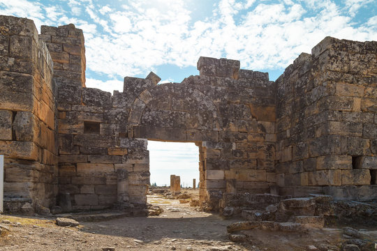 The ruins of the ancient city of Hierapolis, located near the thermal springs in Pamukkale
