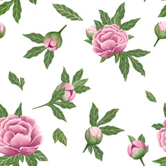 Peonies seamless pattern white isolated, floral background, scrapbooking backdrop