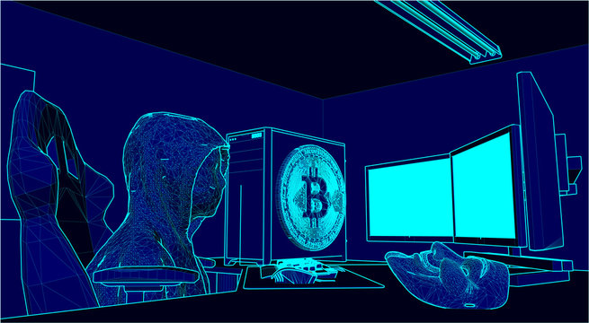 illustration of a hacker that uses bitcoin in wire-frame style