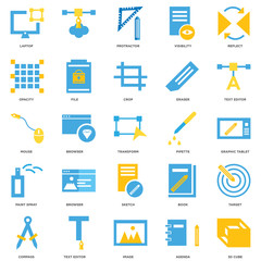 25 icons related to 3d cube, Agenda, Image, Text editor, Compass, Pipette, Sketch, Paint spray, Opacity, Protractor, signs. Vector illustration isolated on white background.