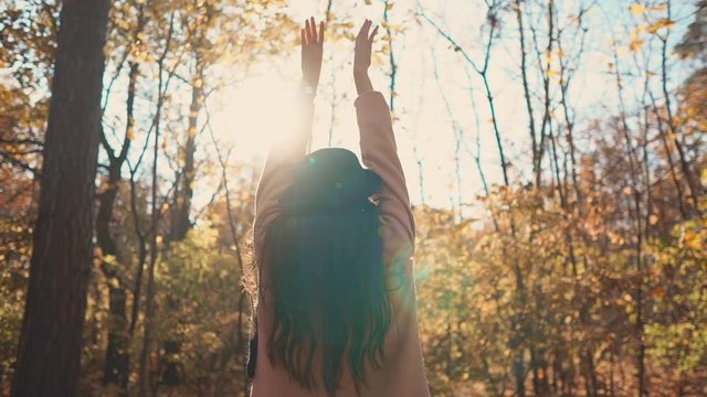 Inspired girl is watching on naked trees in autumn forest in sunny day. She is lifting her hands up and enjoying picturesque view with sun
