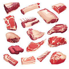 Fresh meat icons set in style flat. Vector isoletad objects. Gastronomic products.