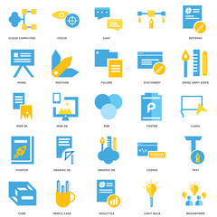 25 icons related to Brainstorm, Light bulb, Analytics, Pencil case, Cube, Swiss army knife, Poster, Graphic de, Startup, Panel, Chat, Focus signs. Vector illustration isolated on white background.