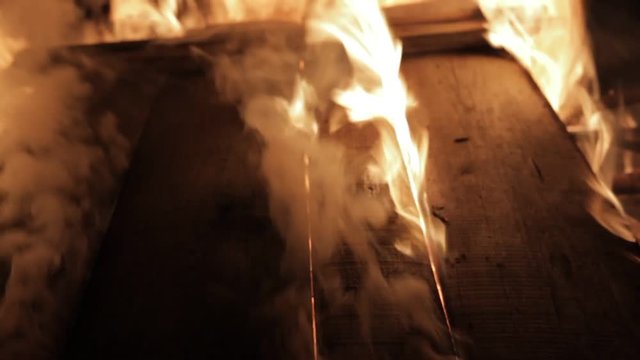 Burning Wooden Plank Close Up